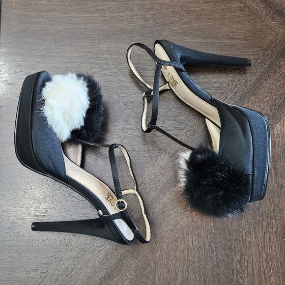 Love Moschino Satin Pom Pom Platform Heels Womens EU 37 US 7 Black Stiletto Y2K - Picture 3 of 12